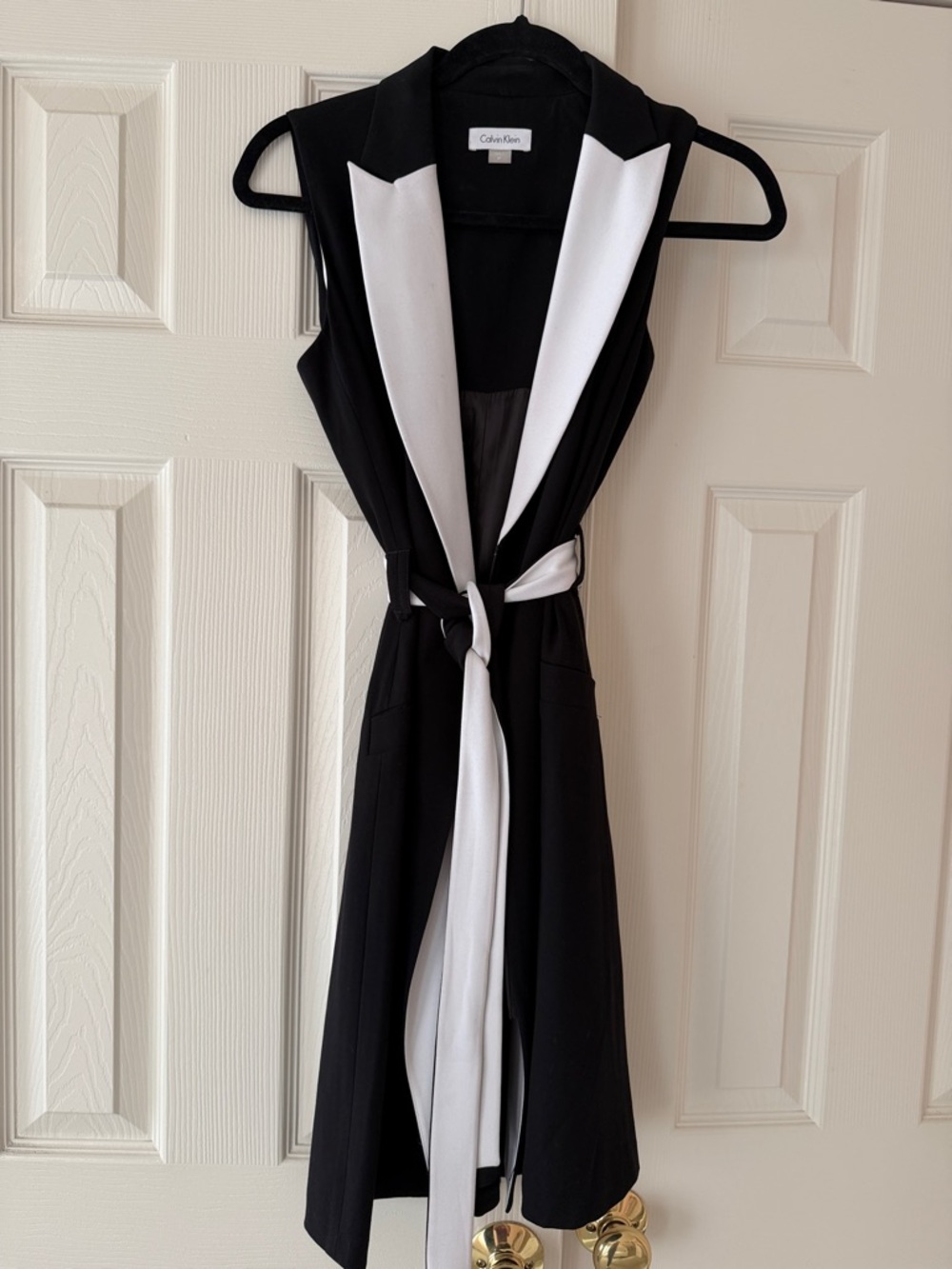 Calvin Klein Black and White Sleeveless Tie-Waist Midi Dress